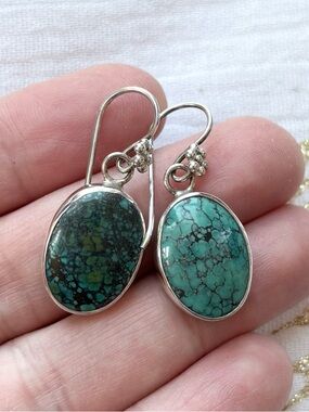 Handcrafted Turquoise Oval Drop Earrings - Sterling Silver